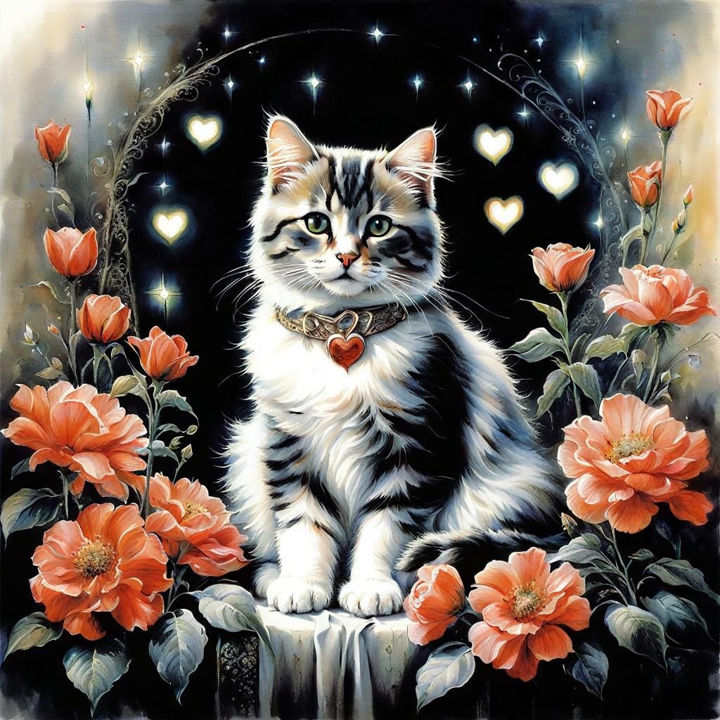 Cat Surrounded by Flowers in Romantic Fantasy Style