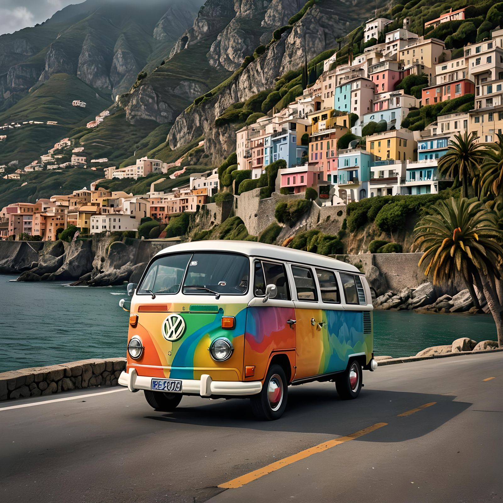 Rainbow VW Bus on Amalfi Coast: Hyperrealistic