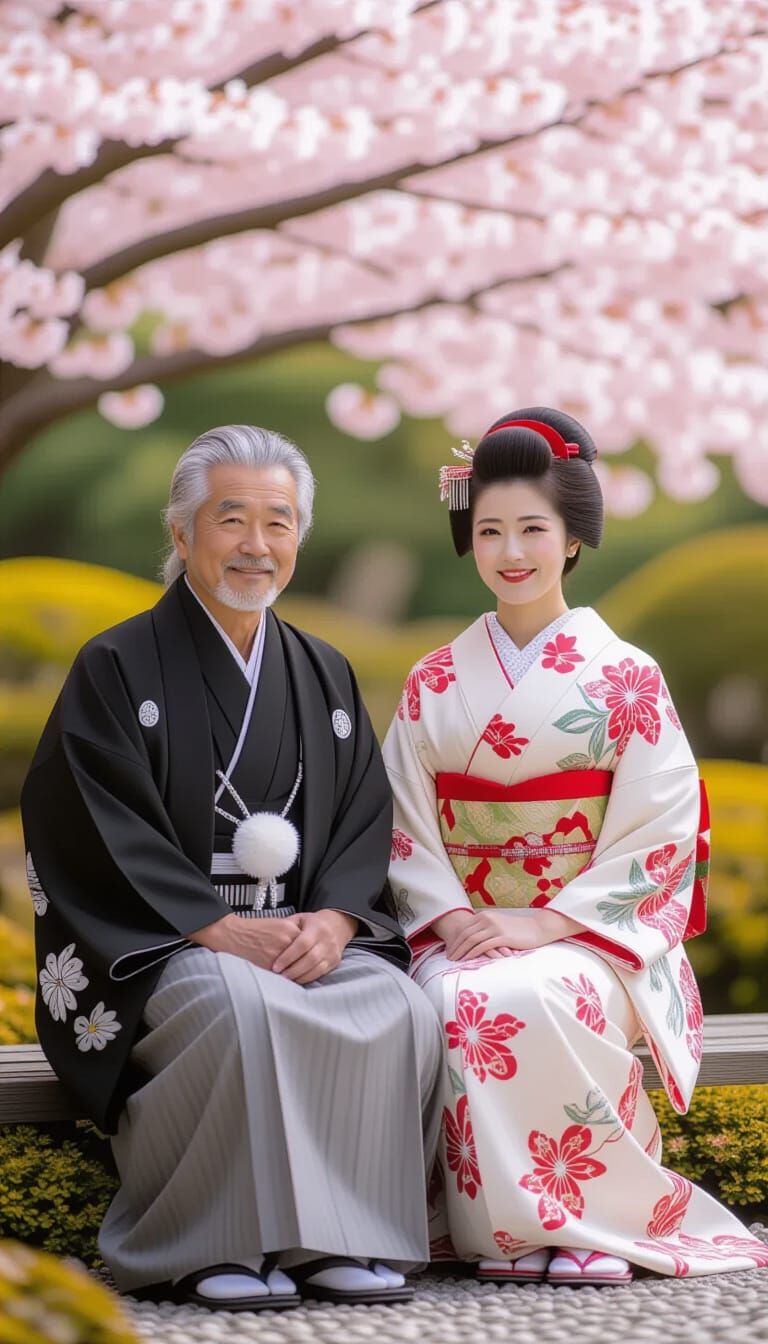 Serene Elderly Couple in Cherry Blossom Garden