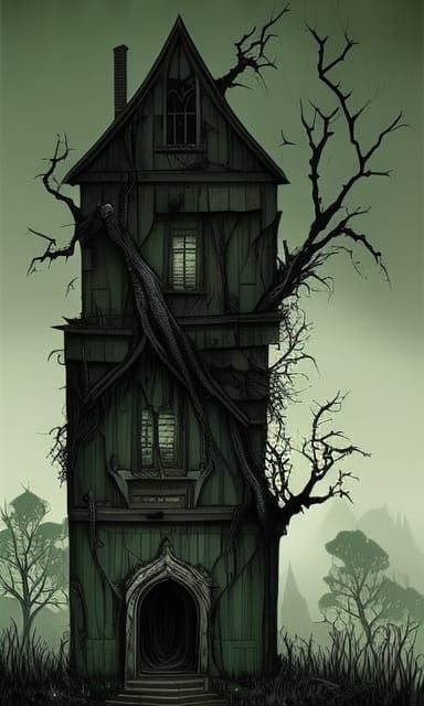 Creepy Haunted House in Dystopian Horror Art