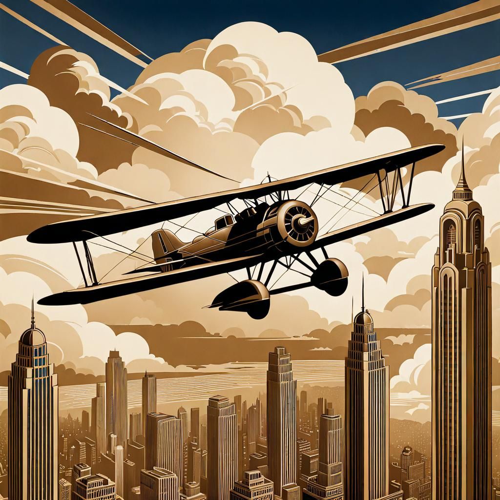 Art Deco Biplane Poster in Sepia and Blue