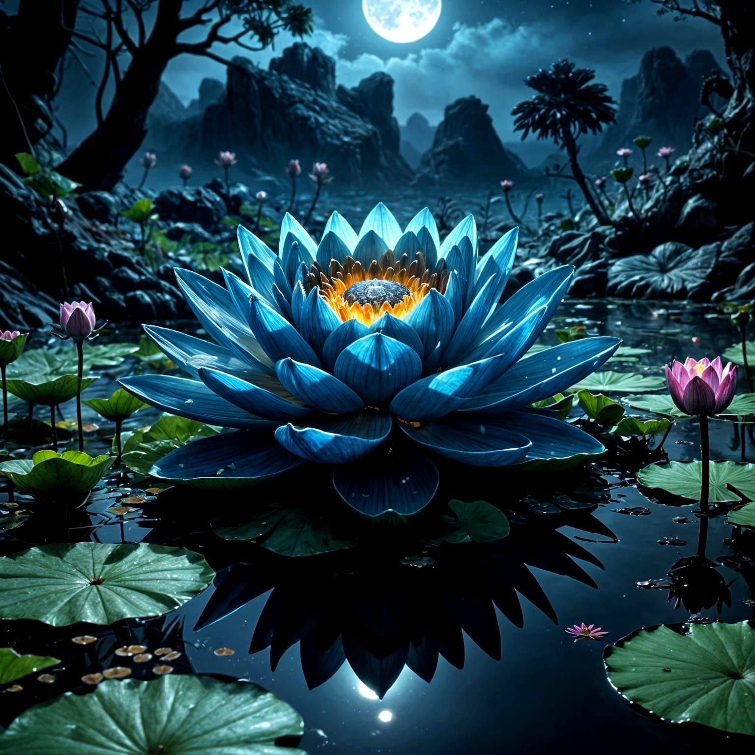 Surreal Noctilucent Lotus Emerges from a Skull in a Dark Moo...