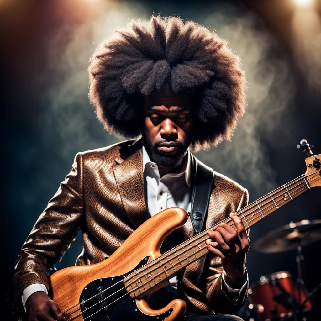 Bassist with Afro Plays Funk in Hyperrealistic Style