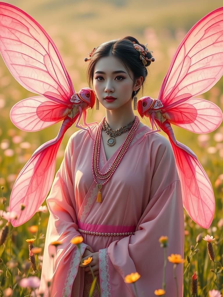 Woman with Pink Grasshoppers in Dreamlike Meadow