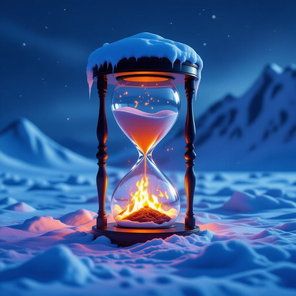 Lava-Submerged Sand Clock in Snowy Landscape