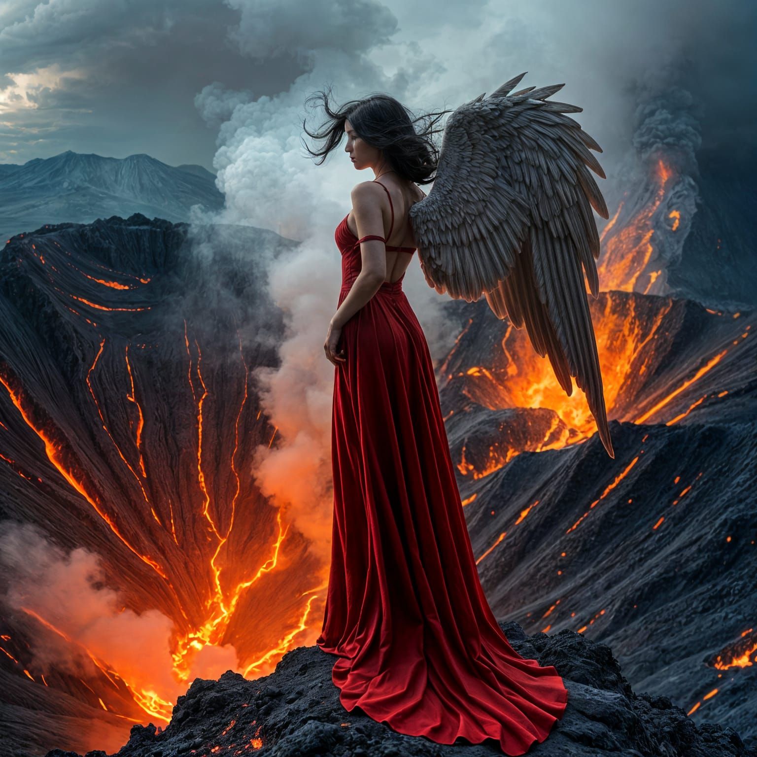 Angel on Volcano Rim in Hyperrealistic Style