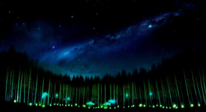 Ethereal Ghosts Fly Over Forest Town