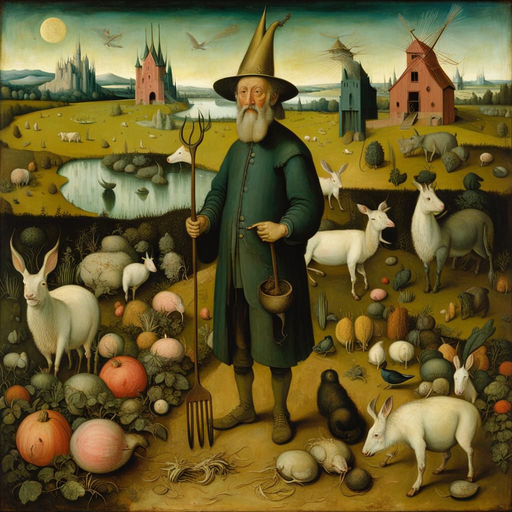 Surreal Farmer in Garden of Earthly Delights