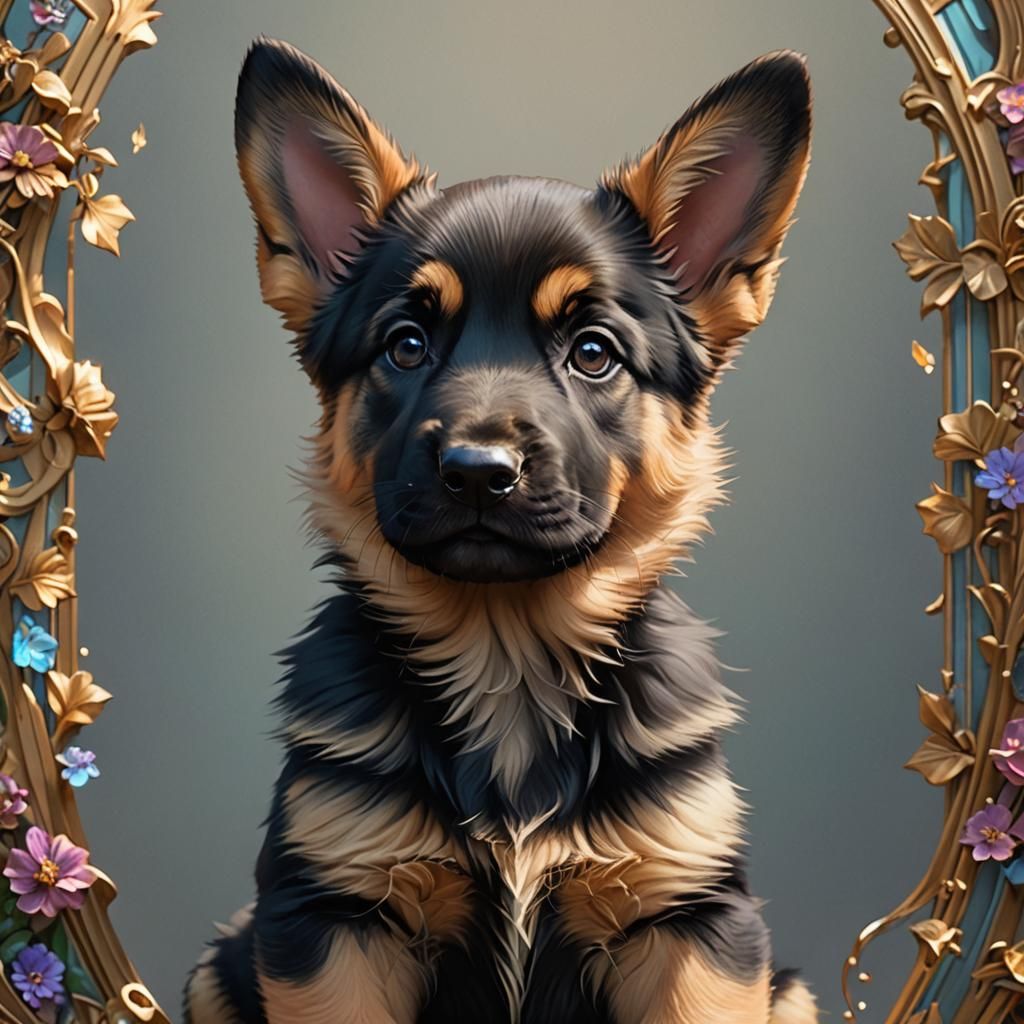 Cute GSD Puppy Portrait in Hyperdetailed Digital Art Style