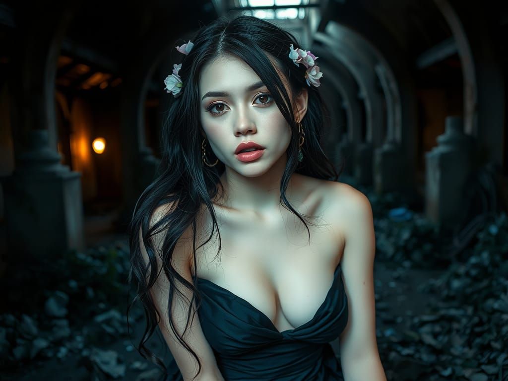 A very beautiful pale woman, with long black-purplish hair. ...