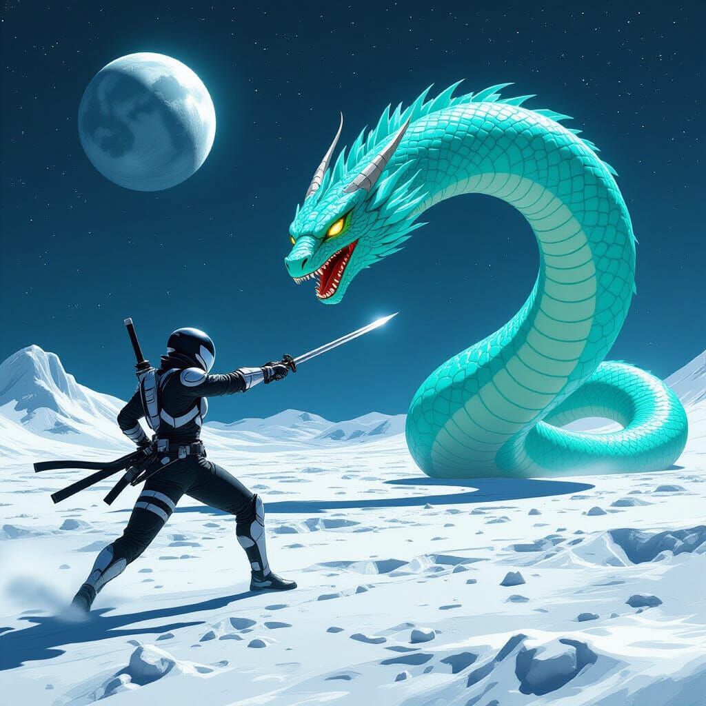 Space Ninja Battles Lindworm on the Moon