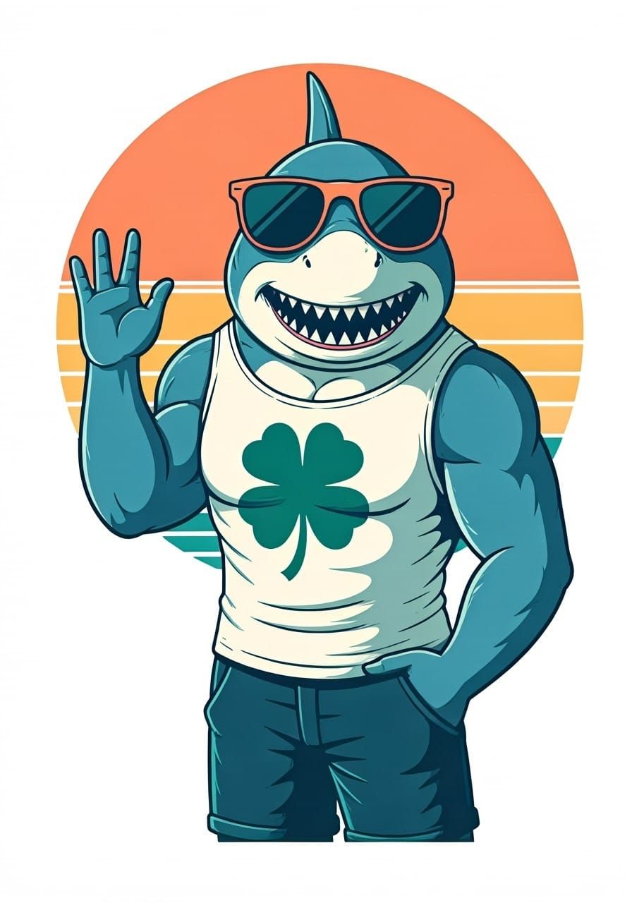 Trendy Shark Surfer Rides Retro Sunset Wave