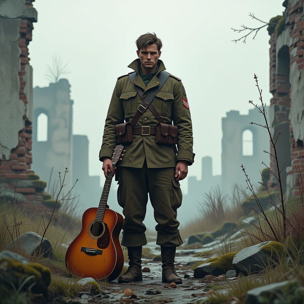 Melancholic Soldier in Ruins: A Dystopian Serenade