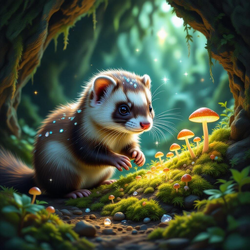 Whimsical Ferret Tending Crystal Garden in Magical Cavern