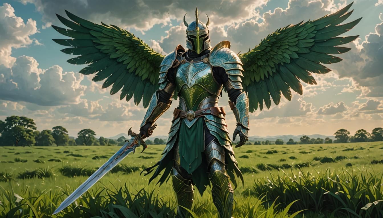 Winged Knight in Green Armor: 3D Anime Art