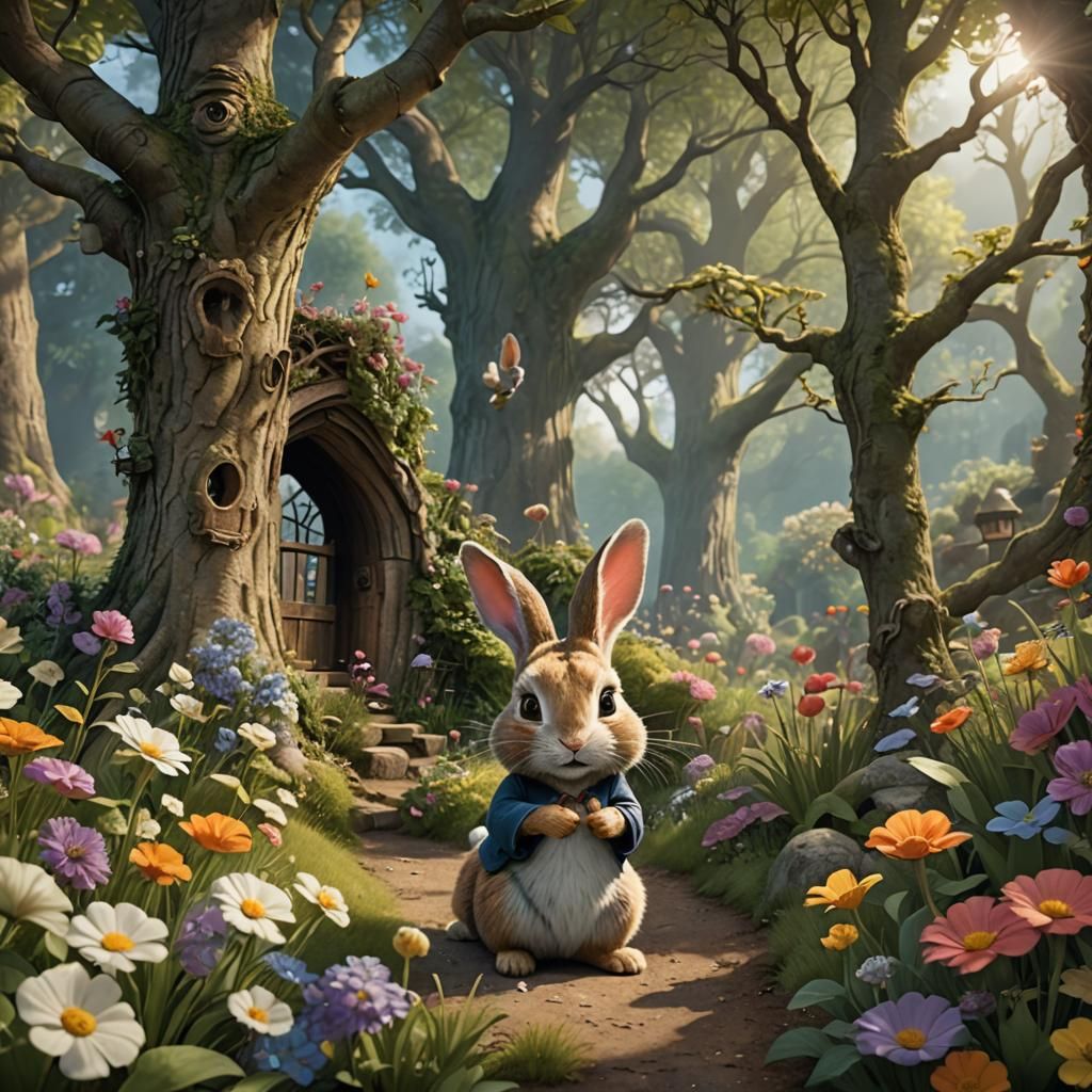 Enchanting Rabbit in Storybook Forest, Detailed Matte Painti...