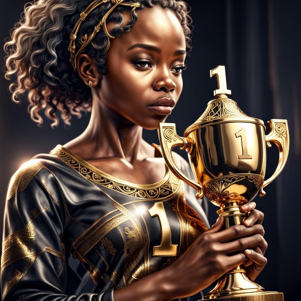 Victorious Woman Holds Gold Trophy: Hyperrealistic Image