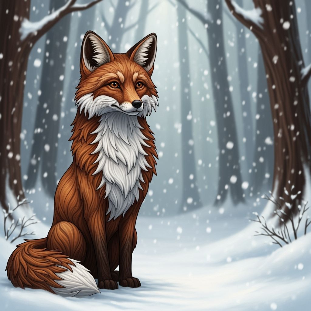 Wooden Fox in Snowy Forest, Digital Art