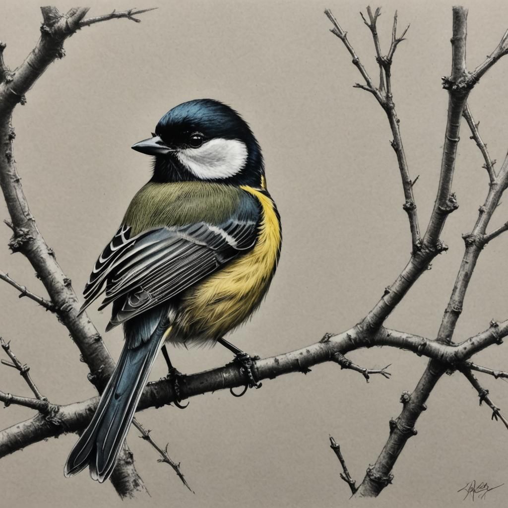 Hyperdetailed Charcoal Drawing of a Great Tit