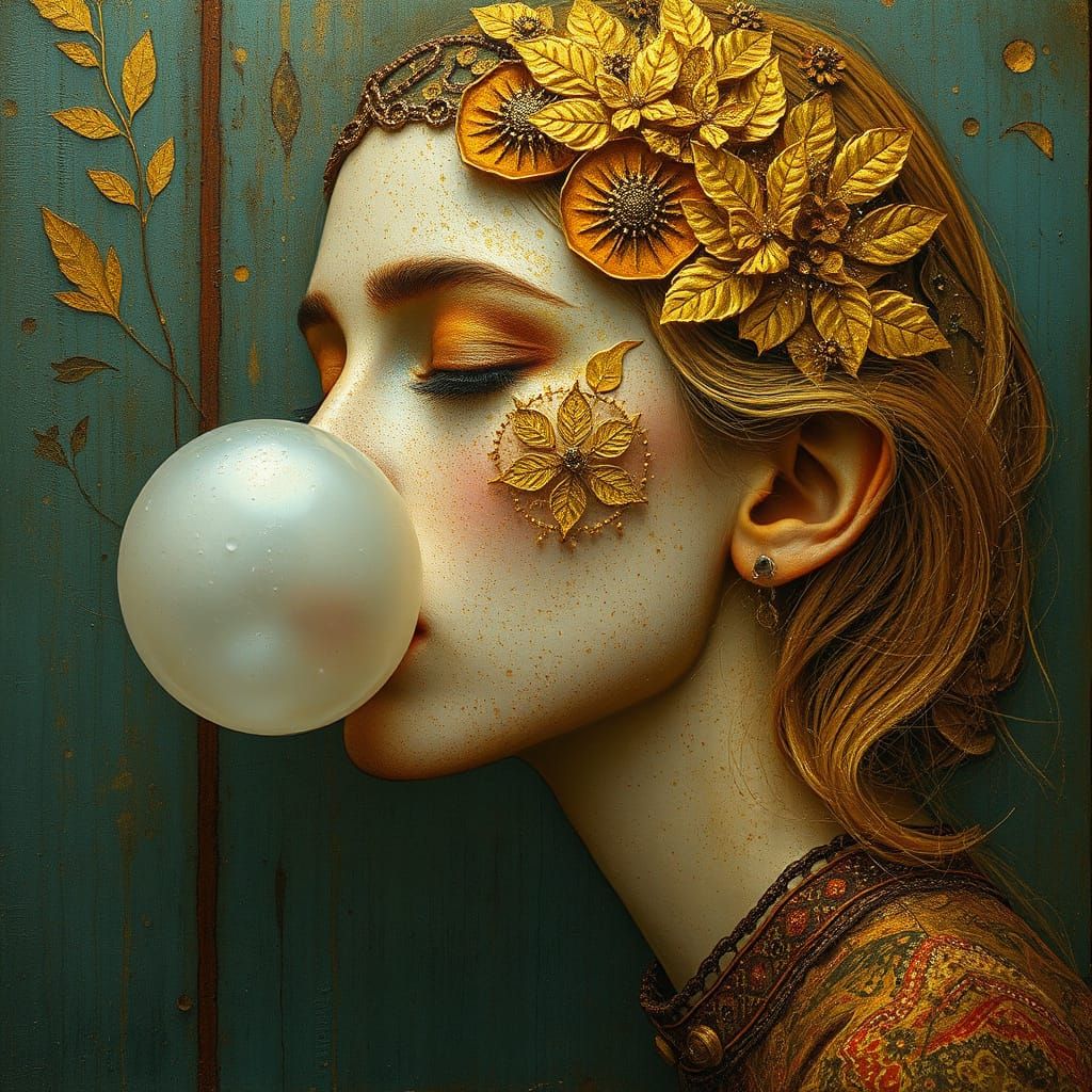 Golden Goddess Blows Effervescent Bubbles in Rusted Glory