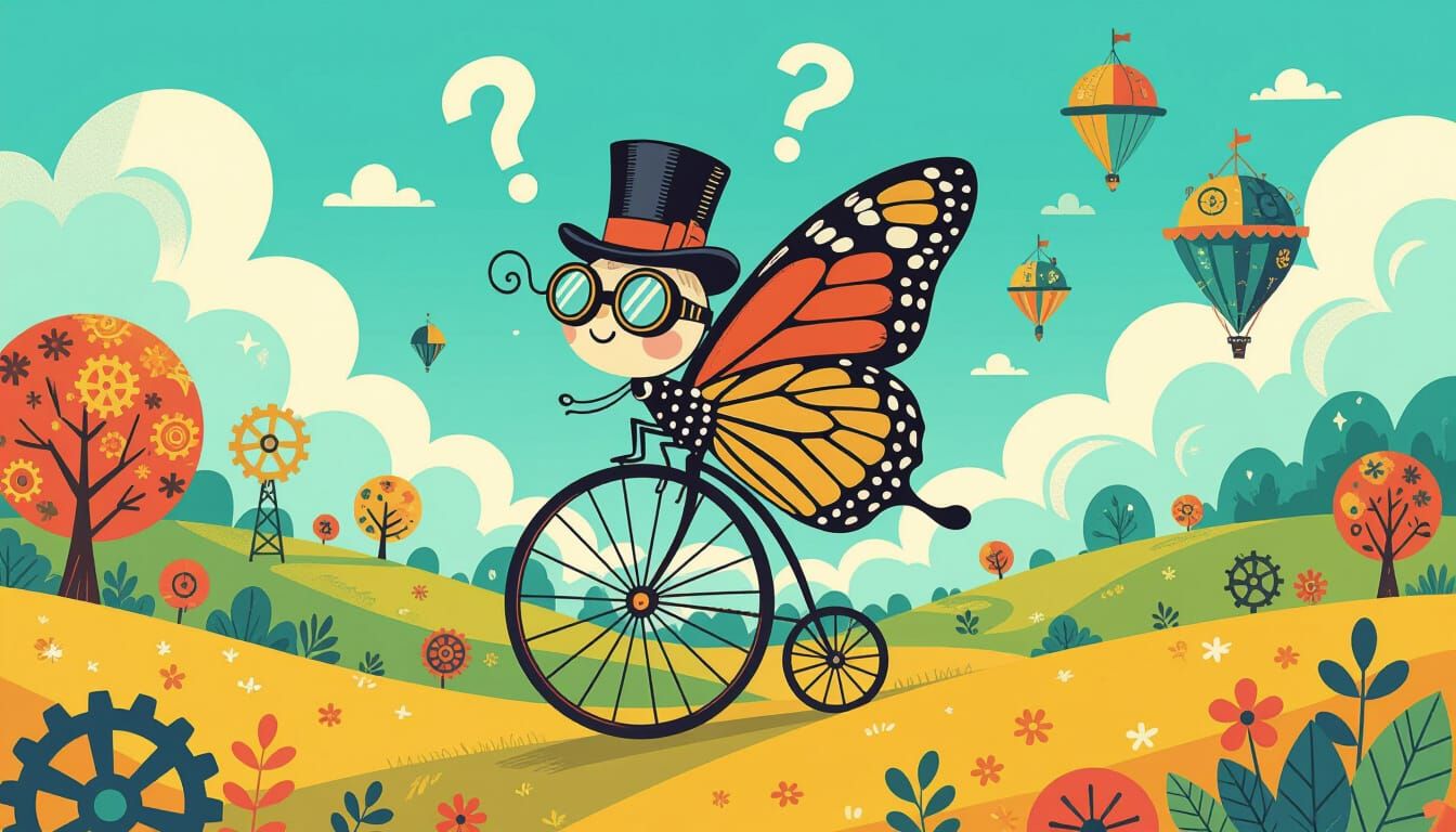 Steampunk Butterfly Rides Penny-Farthing in Dreamscape