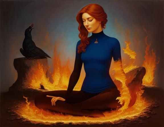 Surrealist Yoga Woman Enveloped in Flames, Oil Painting