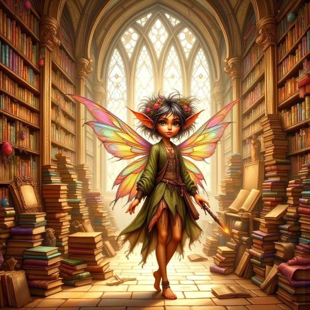 A Pixie Reading Books in a Magical Library