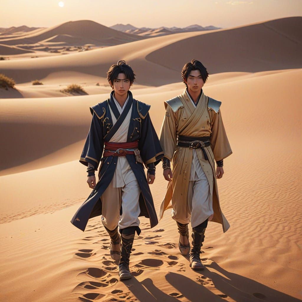 Anime Style: Asian Men Walk Through Desert