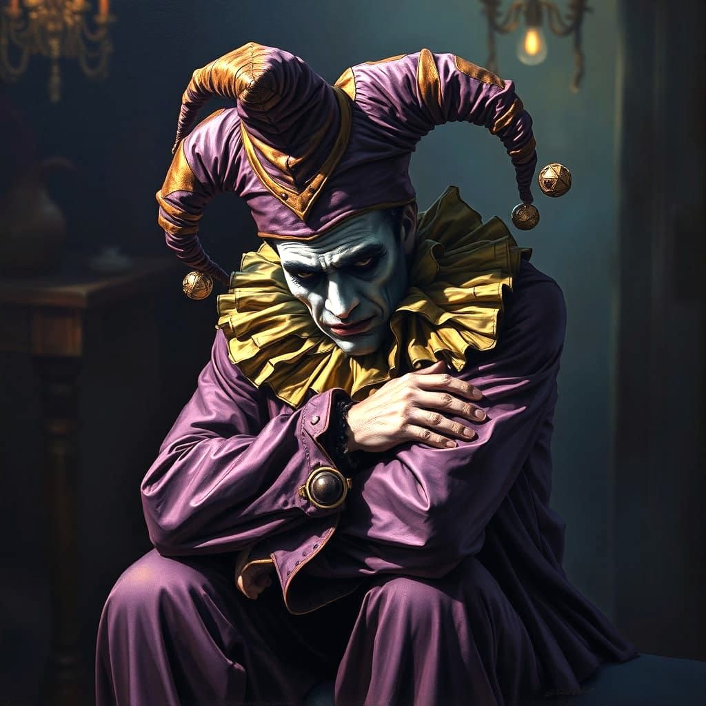 Somber Jester in a Dark, Melancholic Oil Painting