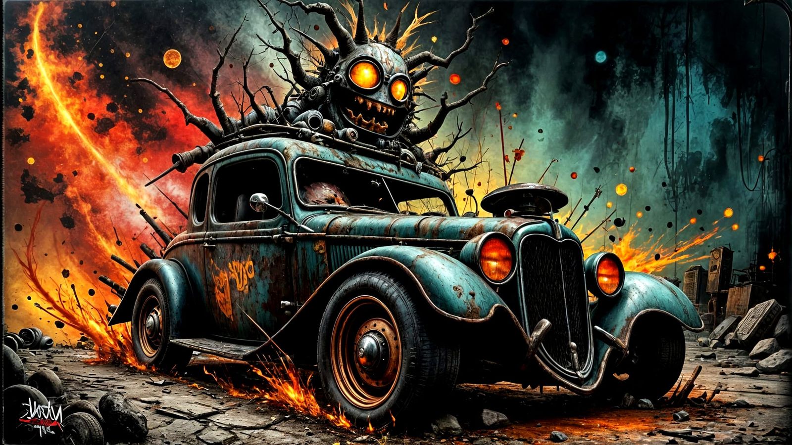 Hot Rod With Monster Driver in Grunge Style