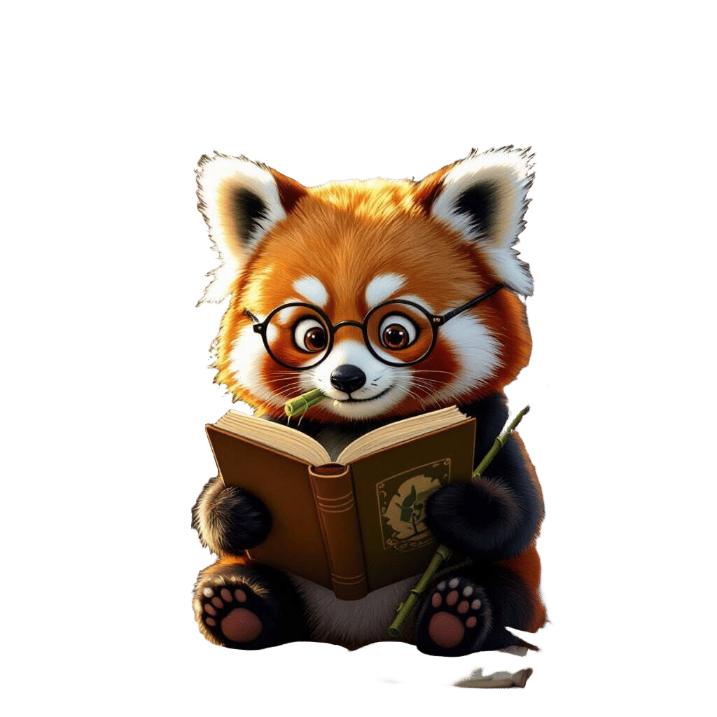 Red Panda Reads in Library with Bamboo Treat