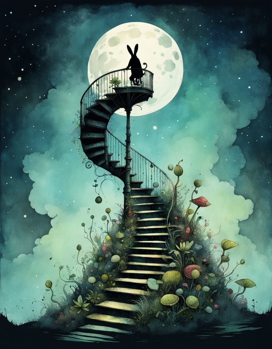 Surreal Whimsy: A Spiralling Staircase to the Moon