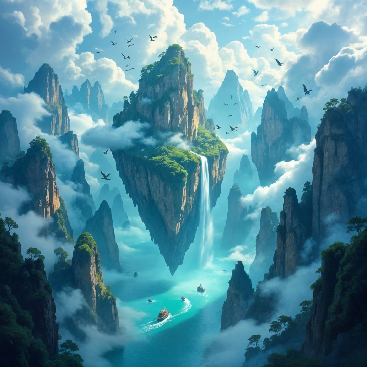 Epic Floating Islands Over Turquoise Sea