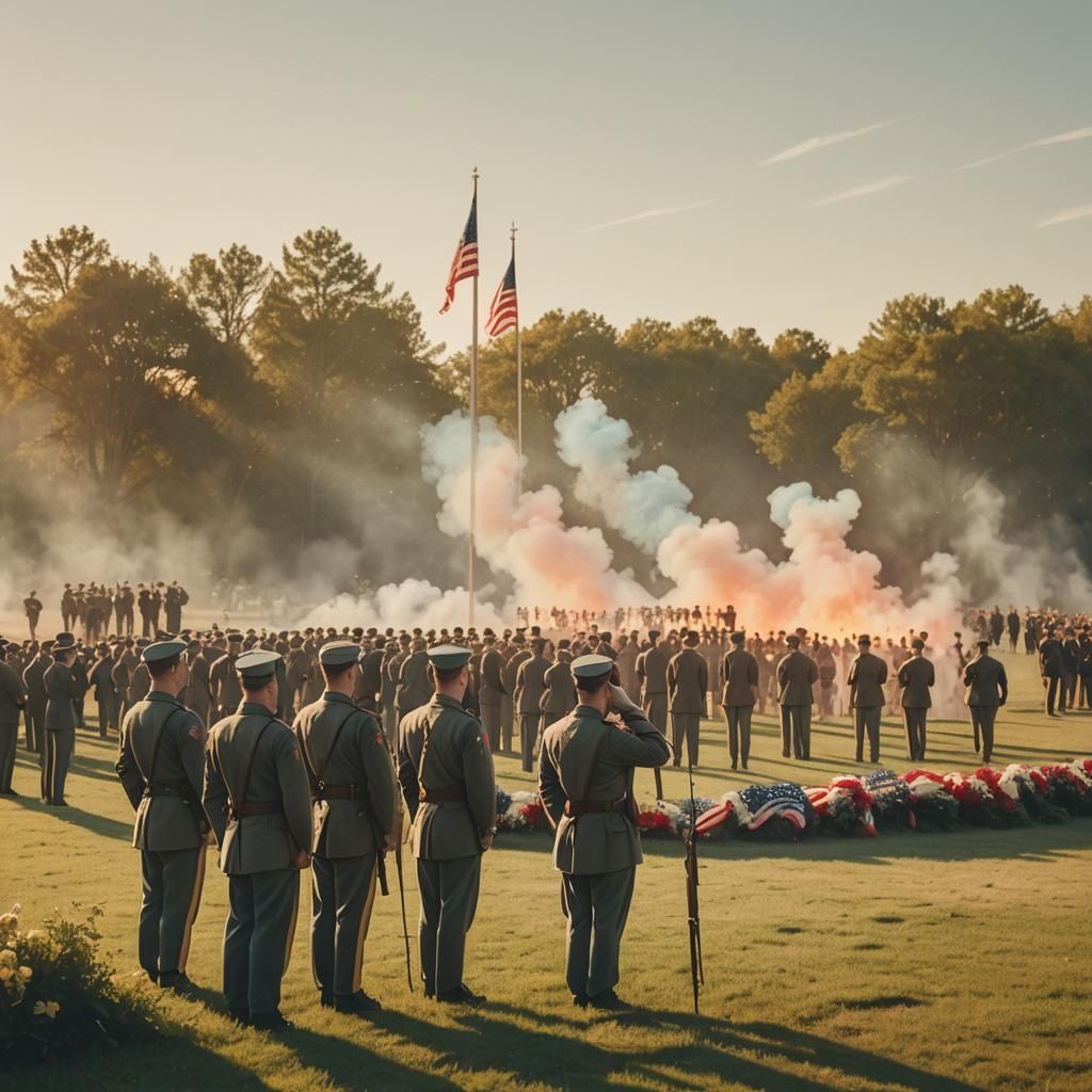 Patriotic Memorial Scene with Saluting Soldiers