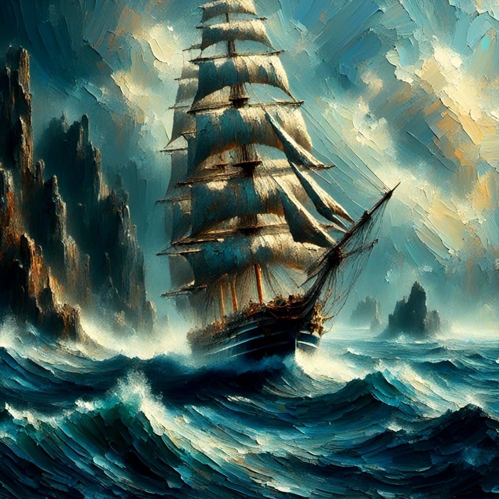 Royal Clipper Sailing a Stormy Sea in Chiaroscuro Style