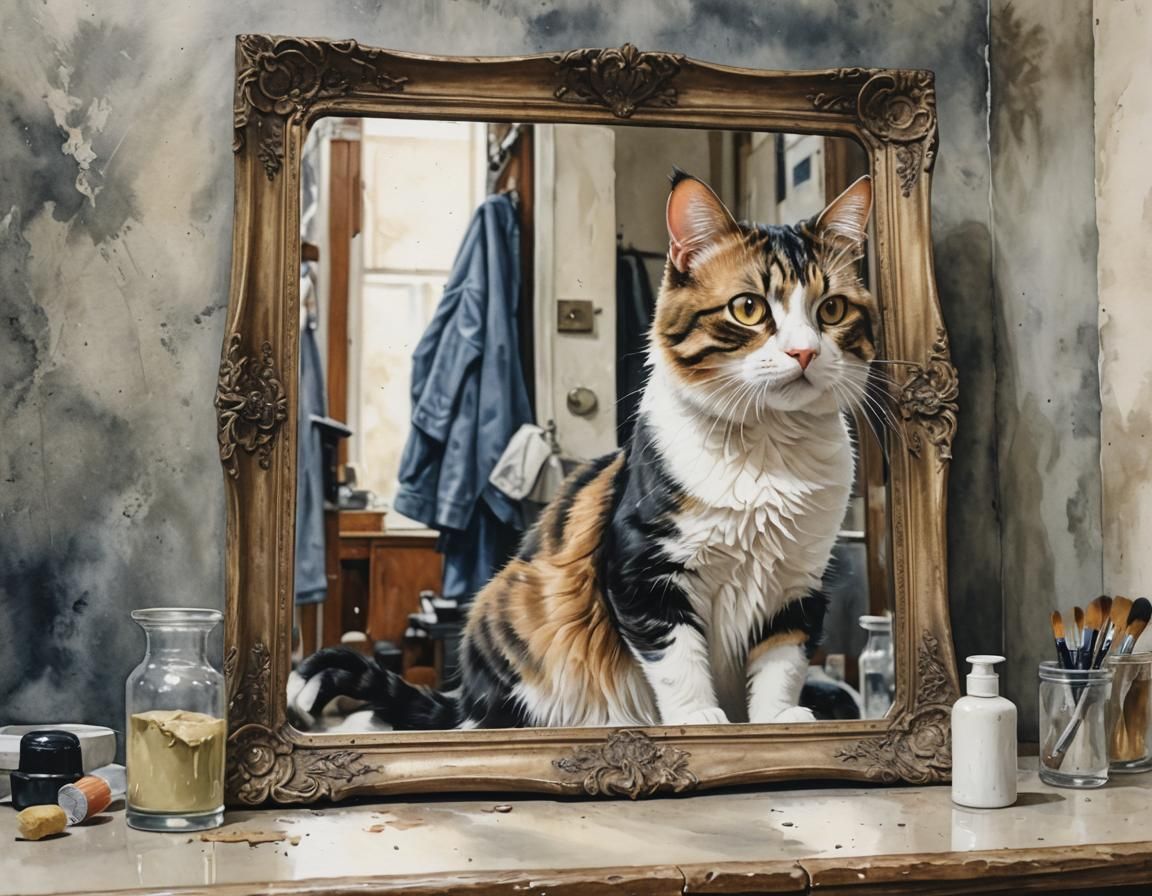 Task: cat looking in or out the mirror?