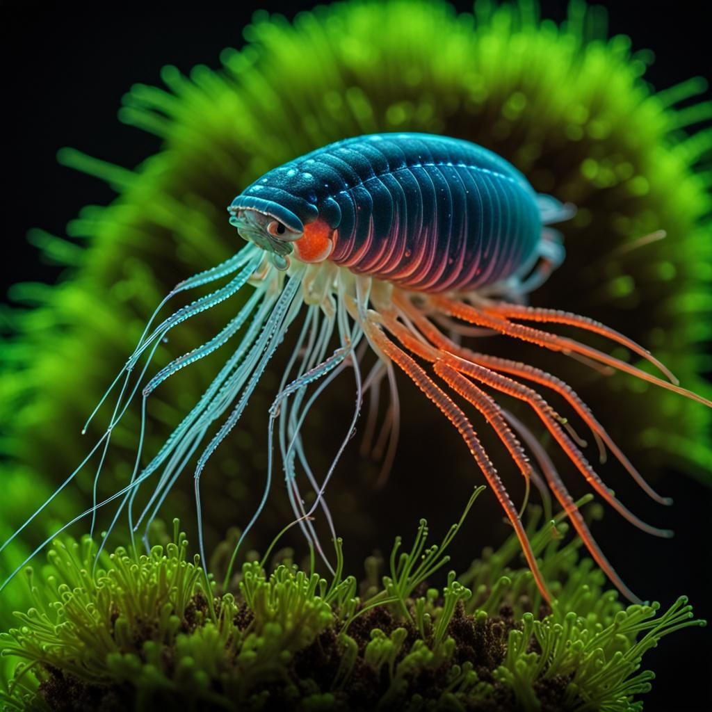 Bioluminescent Copepod Macro Photograph in Vibrant Colors