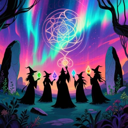 Witches Gathering Under Magical Aurora Sky