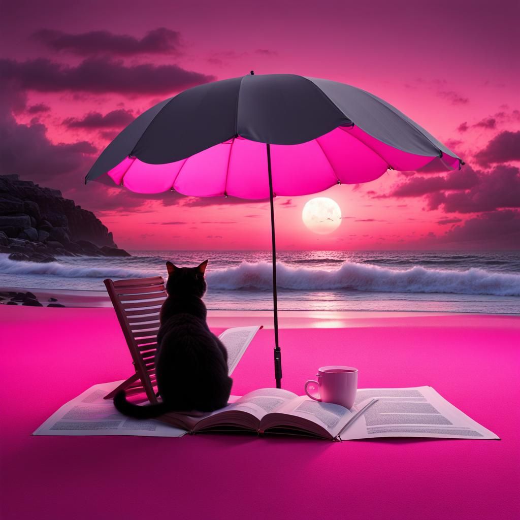 Sunset Beach Cat: Amano-Ghibli Inspired Serenity