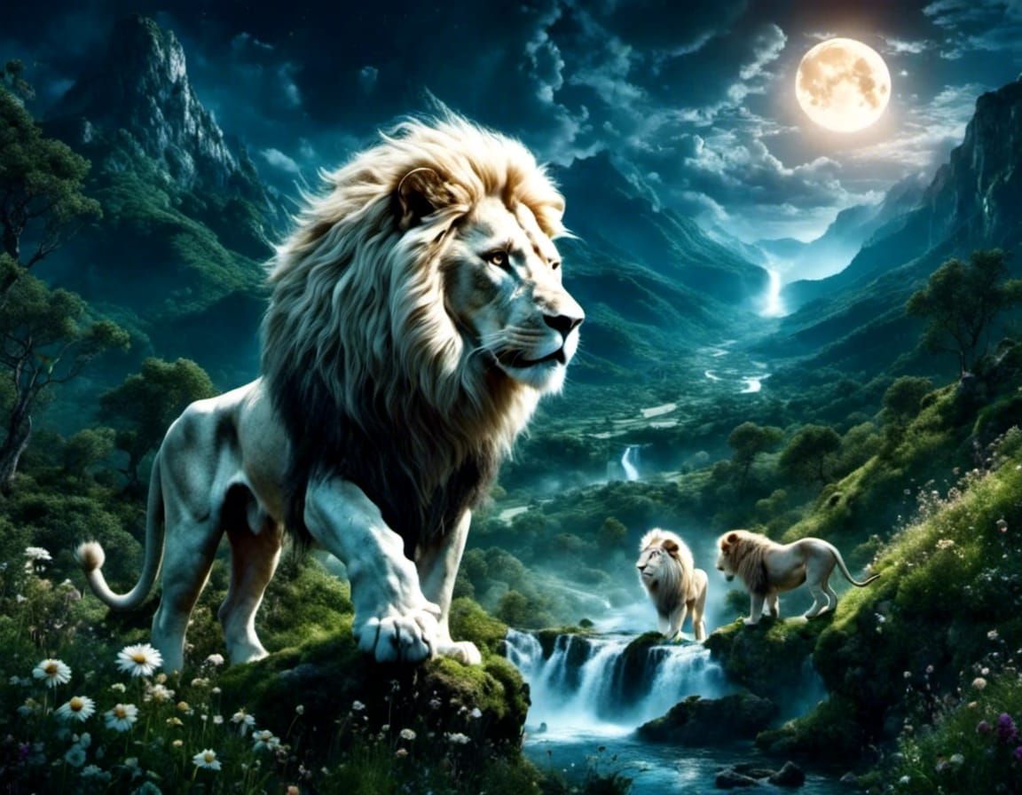 Majestic White Lion Overlooking Moonlit Valley