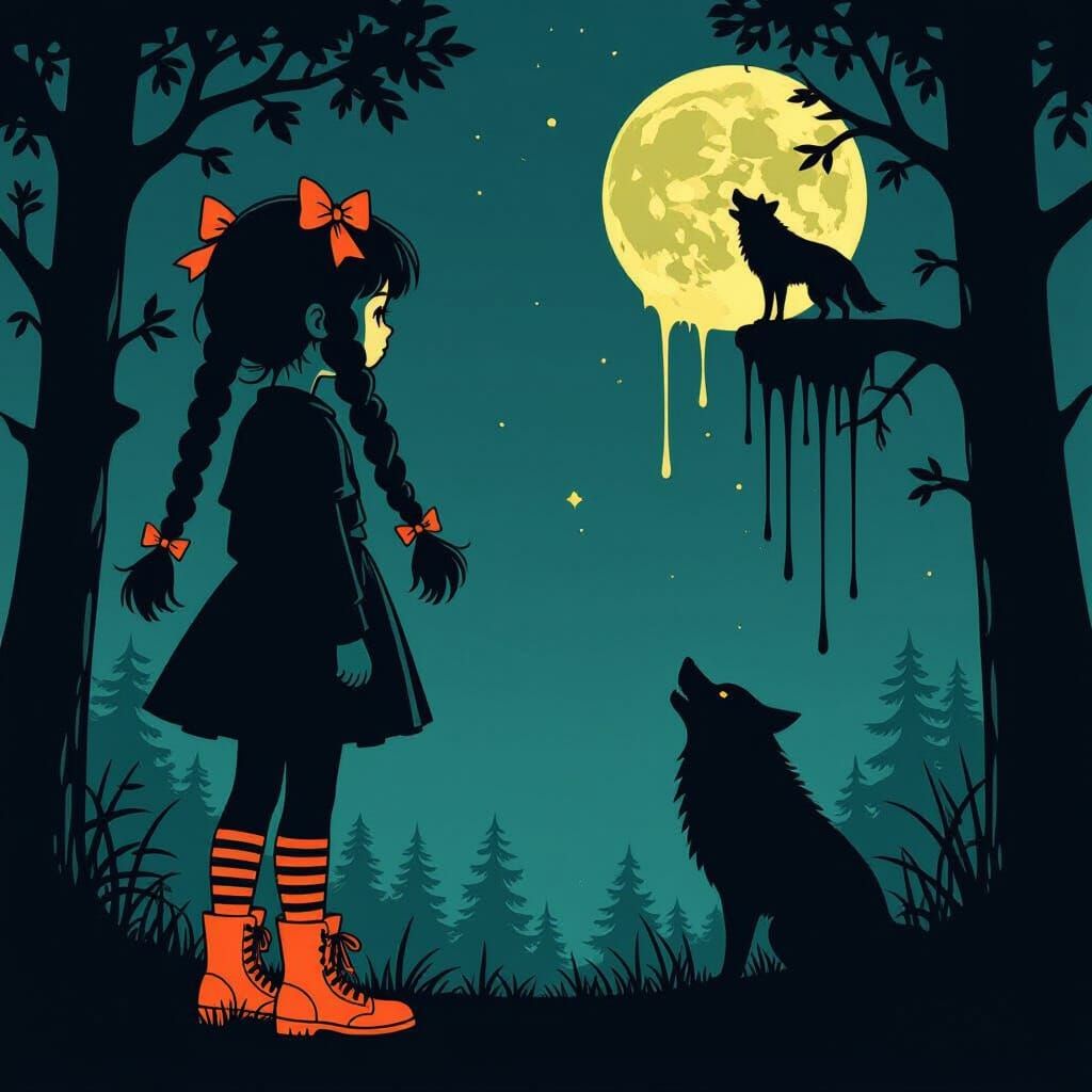 Silhouette Girl with Braids and Orange Shoes in Dark Comic S...