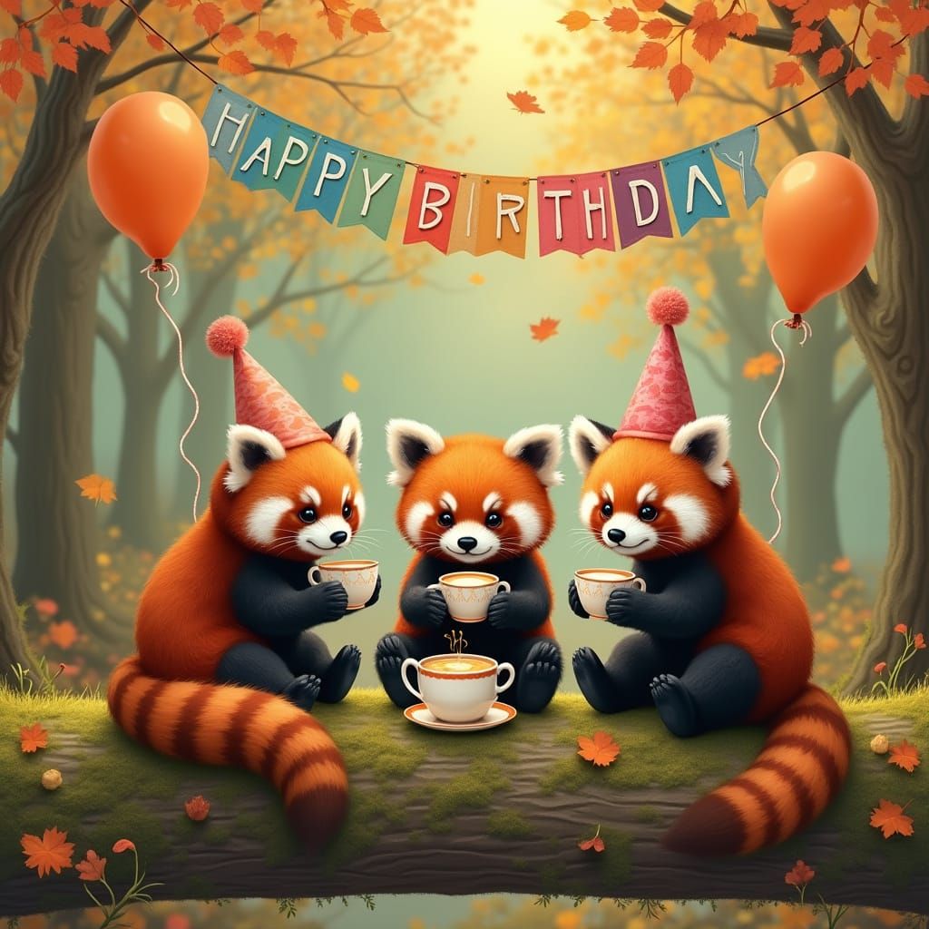 Red Pandas Celebrate Birthday Tea Party in Autumn Forest