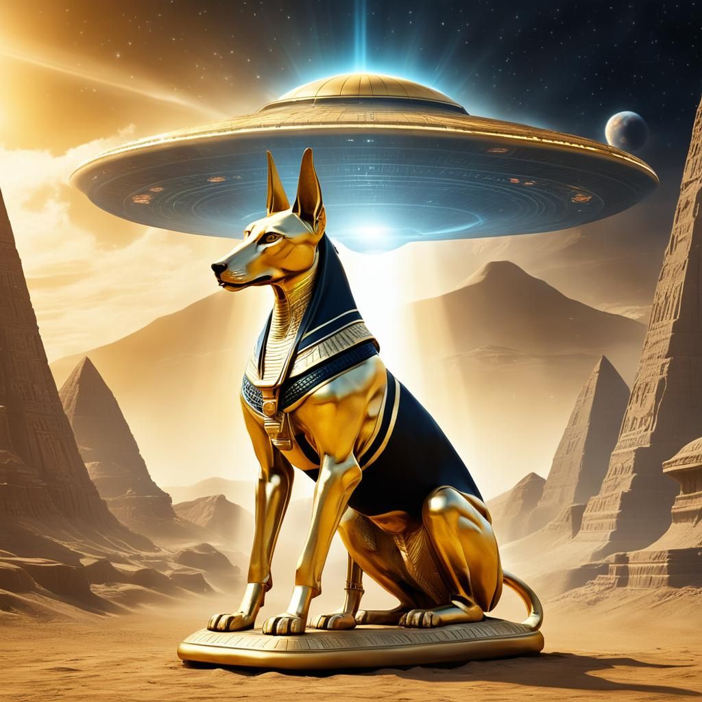 Golden Anubis Meets UFO: Digital Art