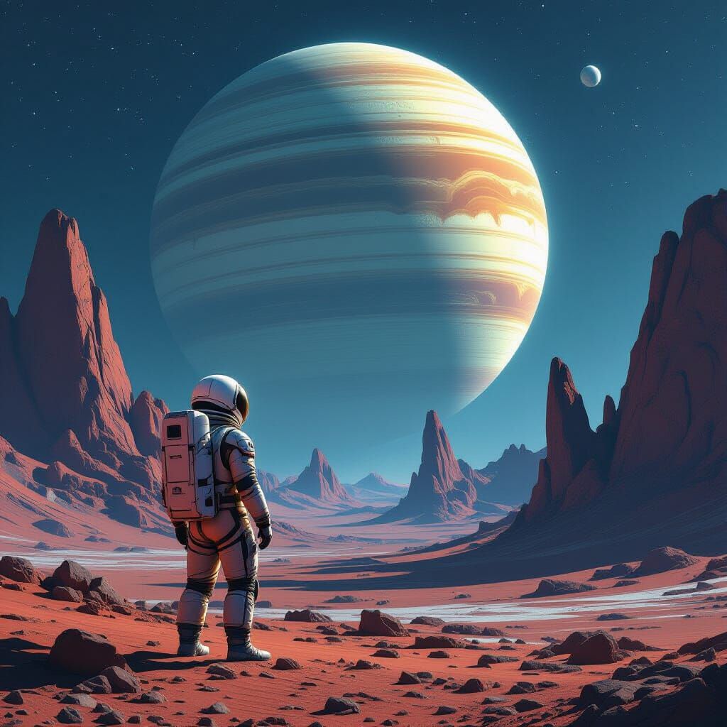 Astronaut on Alien Planet Gazing at Gas Giant