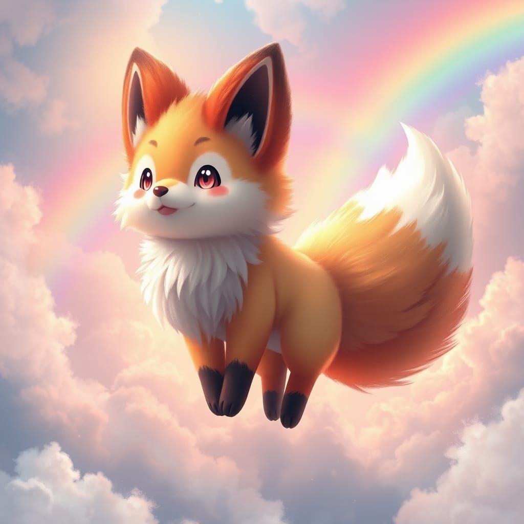 Fluffy Pokémon Fox in Rainbow Sky, Digital Art