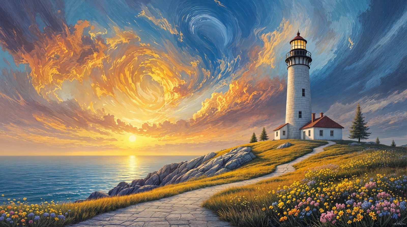Surreal Sunset Lighthouse in a Whirlwind of Color