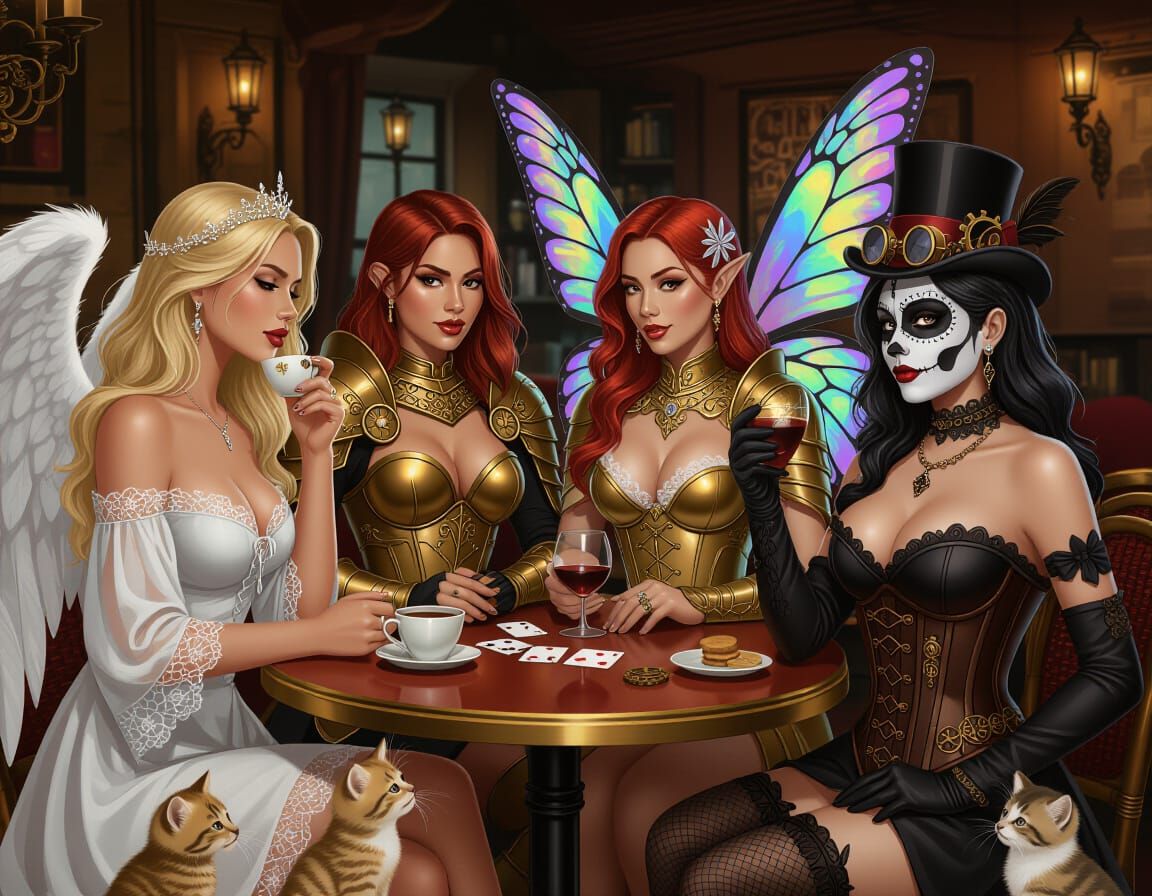 Fantasy Women Playing Cards in French Cafe
