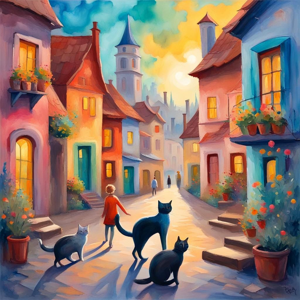 Harmonious Town with Cats in Gouache Style