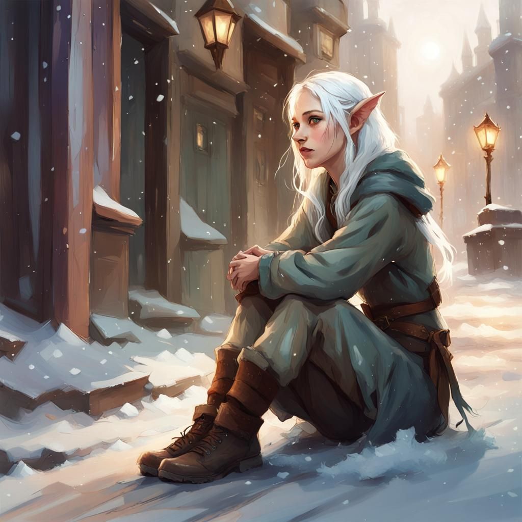 Elven Girl Begs on Snowy Street: Digital Illustration
