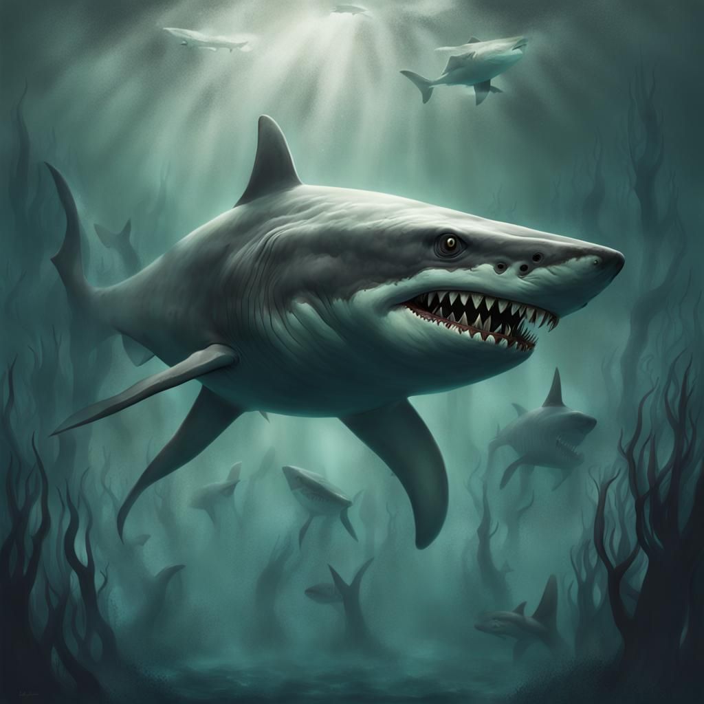 Ghostly Zombie Sharks in Underwater Horror Painting